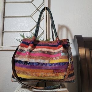 Ameri Leather Everly Multicolored Stripe Patchwork Leather Handbag Tote Carryall